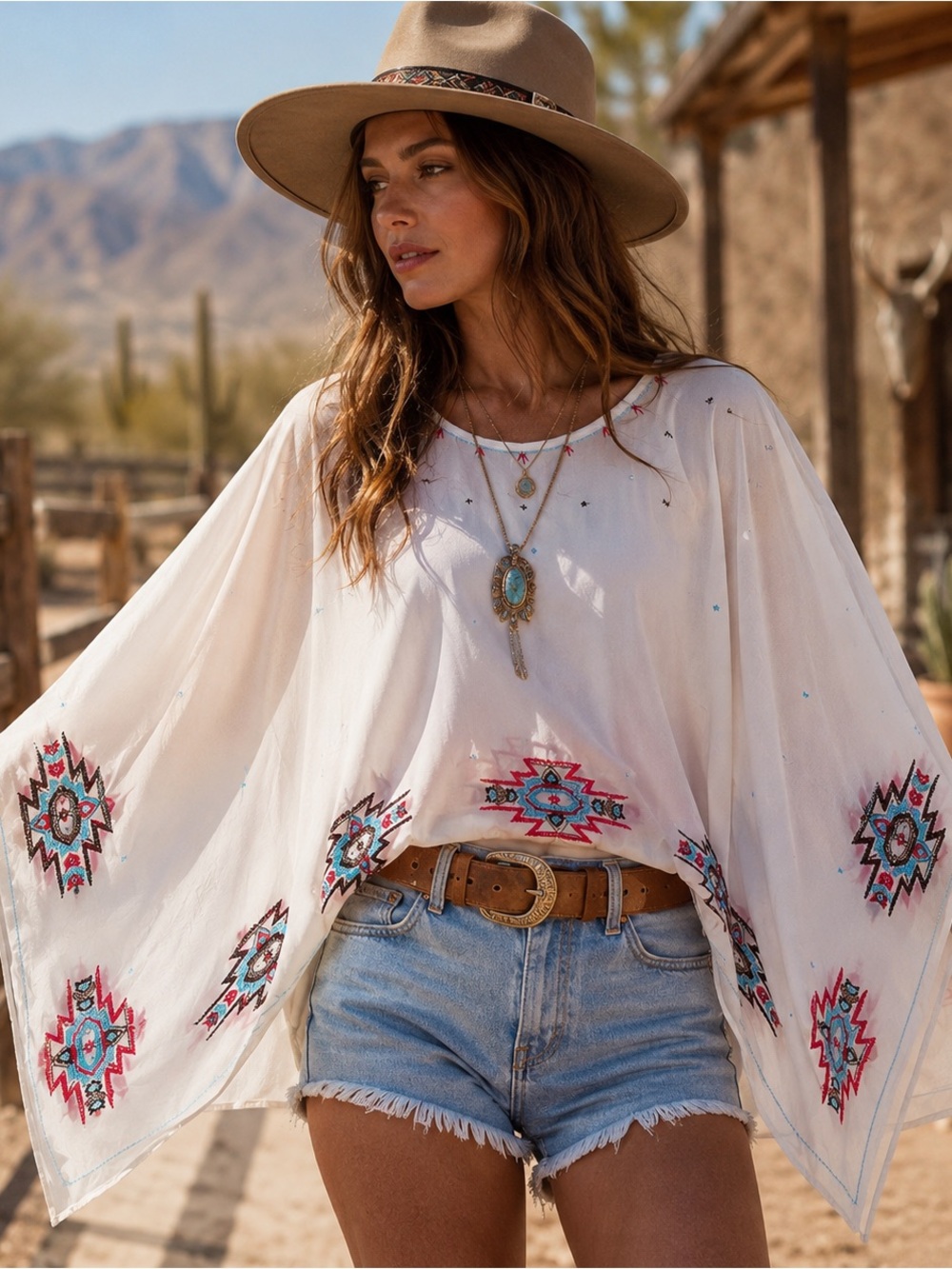 Boho Embroidered beaded Poncho butterfly top small western crossover flowy